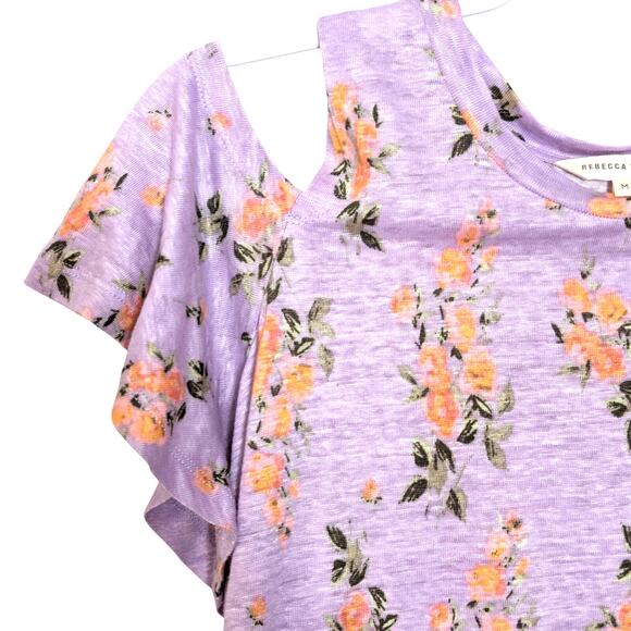 Rebecca Taylor Pastel Light Purple Cold Shoulder Linen Top Floral Print Bloue M - Picture 3 of 5